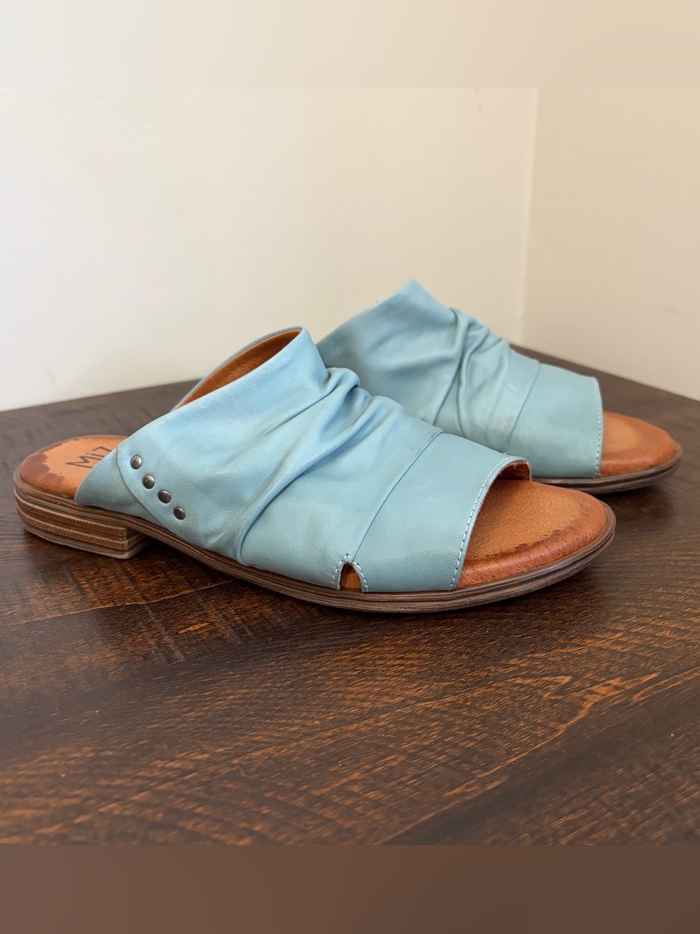 Miz Mooz Dandelion Sky Blue Leather Slip On Slides Sandals